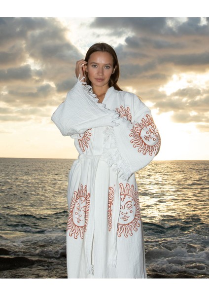Müslin Kimono %100 Pamuklu Güneş Baskılı Desenli Bornoz Kaftan Sabahlık