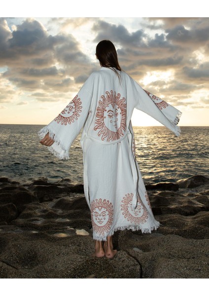 Müslin Kimono %100 Pamuklu Güneş Baskılı Desenli Bornoz Kaftan Sabahlık