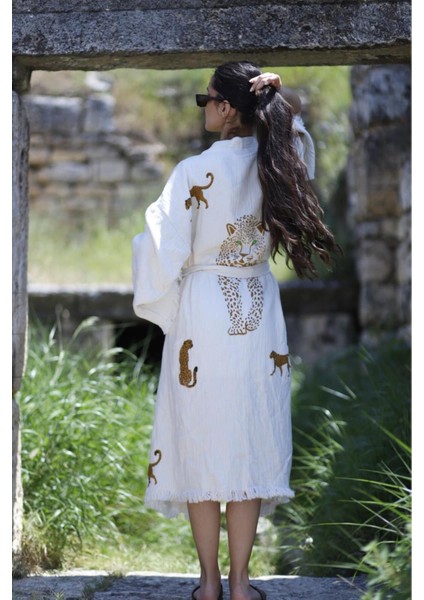 Müslin Kimono %100 Pamuklu Leopar Baskılı Desenli Bornoz Kaftan Sabahlık