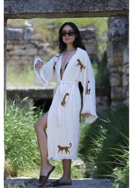 Müslin Kimono %100 Pamuklu Leopar Baskılı Desenli Bornoz Kaftan Sabahlık