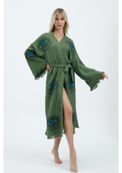 Müslin Kimono %100 Pamuklu Göz Baskılı Desenli Bornoz Kaftan Sabahlık