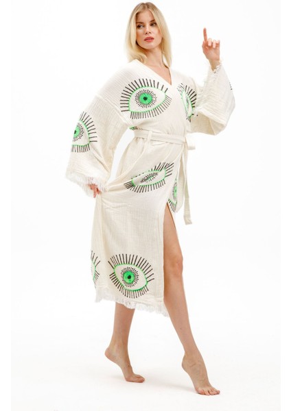 Müslin Kimono %100 Pamuklu Göz Baskılı Desenli Bornoz Kaftan Sabahlık indirimleri