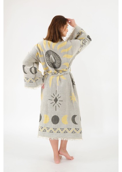 Müslin Kimono %100 Pamuklu Güneş Desenli Jakarlı Bornoz Kaftan Sabahlık