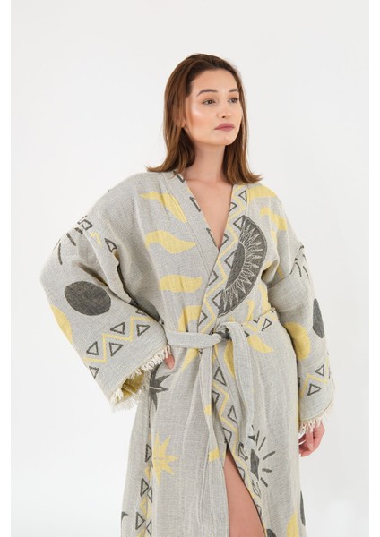 Müslin Kimono %100 Pamuklu Güneş Desenli Jakarlı Bornoz Kaftan Sabahlık