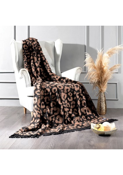 Tek Kişilik Pamuklu Stotch Battaniye-Leopar-Çizgili Desenli-Kahverengi