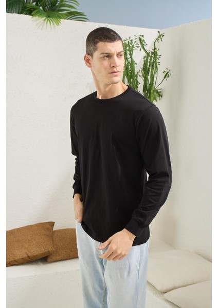 Erkek Regular Fit Uzun Kol Siyah T-Shirt C3T1N5