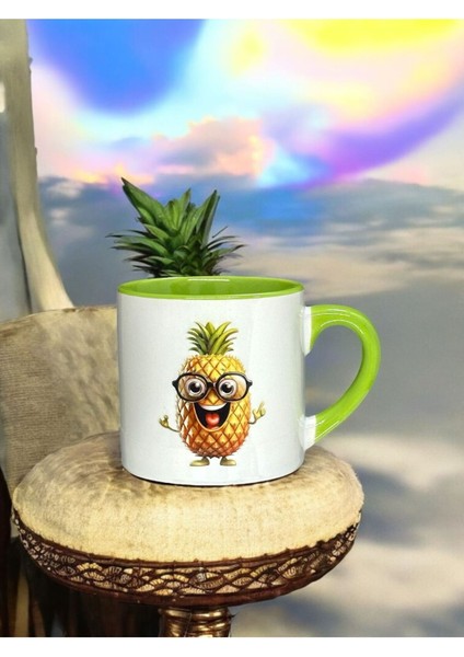 Yeşil Kulplu Ananas Tasarımlı Bardak Kupa