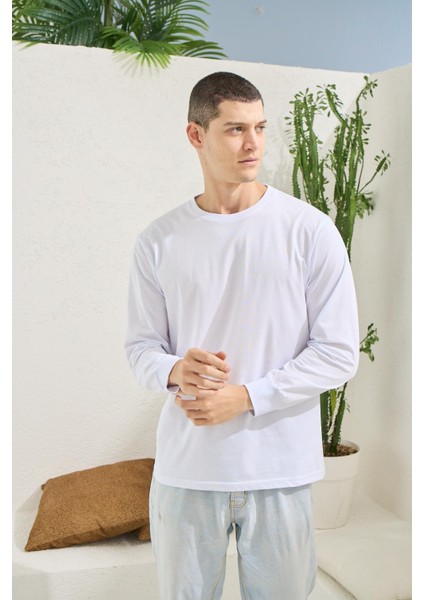 Erkek Regular Fit Uzun Kol Beyaz T-Shirt C3T1N5