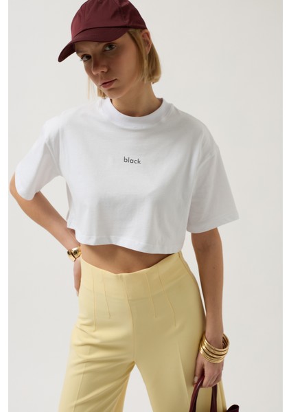 Baskılı Crop Beyaz T-Shirt