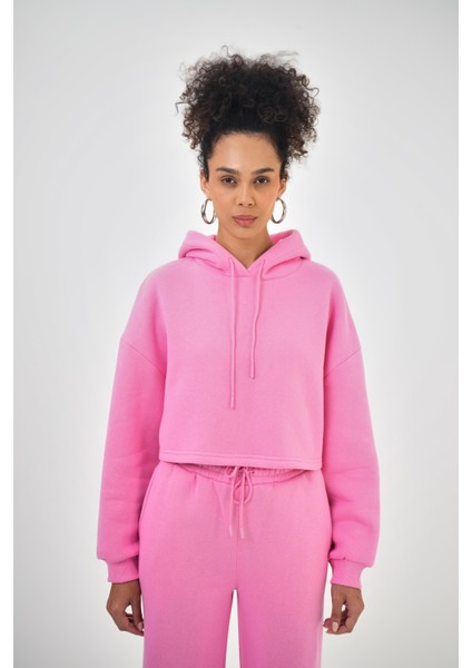 Kadın Basic Oversize Crop Hoodie Pembe