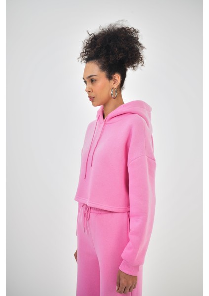 Kadın Basic Oversize Crop Hoodie Pembe