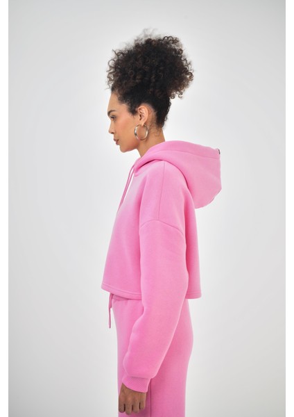 Kadın Basic Oversize Crop Hoodie Pembe