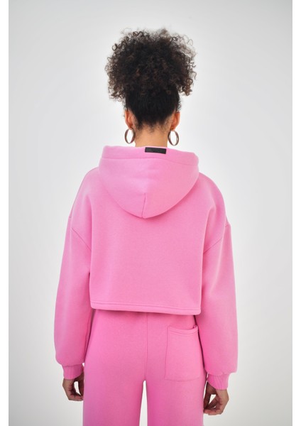 Kadın Basic Oversize Crop Hoodie Pembe