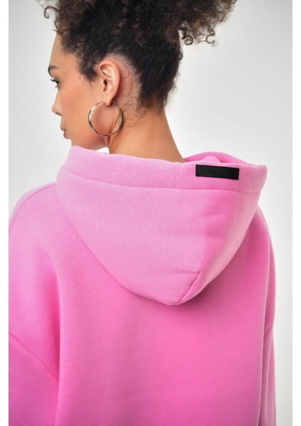 Kadın Basic Oversize Crop Hoodie Pembe