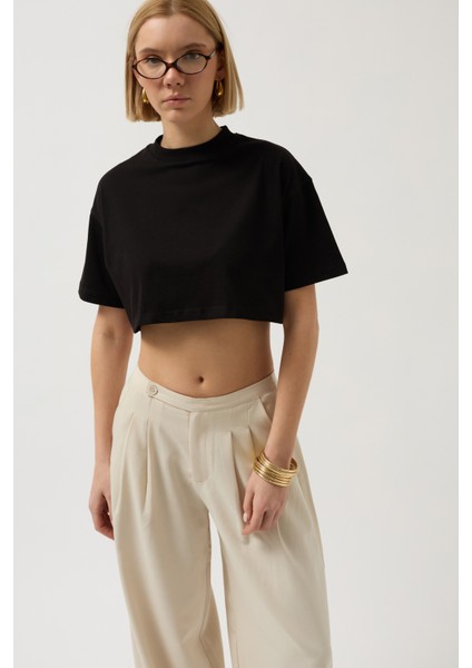 Oversize Crop Siyah T-Shirt