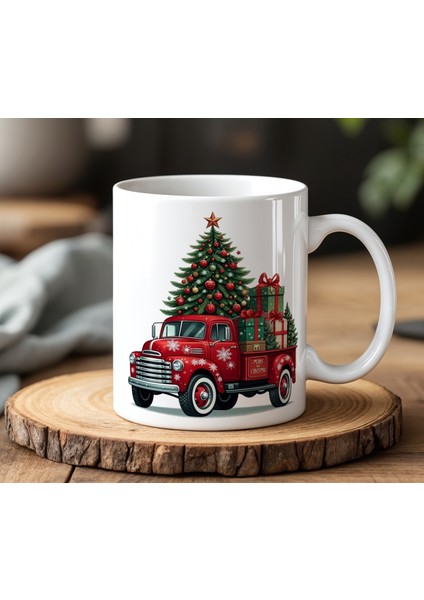 Yılbaşı Arabası Tasarımlı Beyaz Seramik Baskılı Kupa Bardak 330 ml