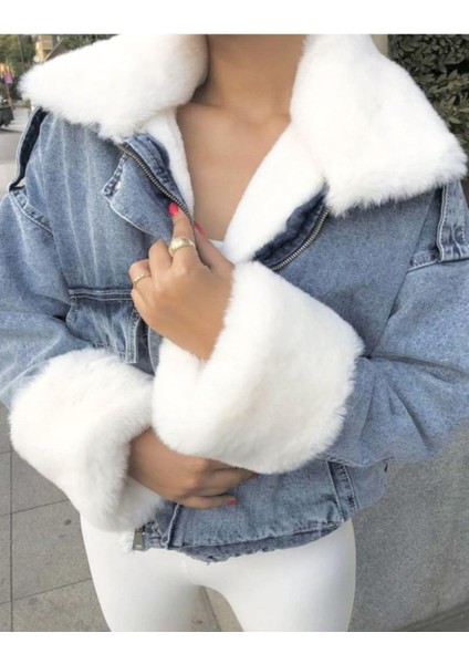 Kadın Beyaz Kürklü Denim Kot Ceket Mont fiyatları