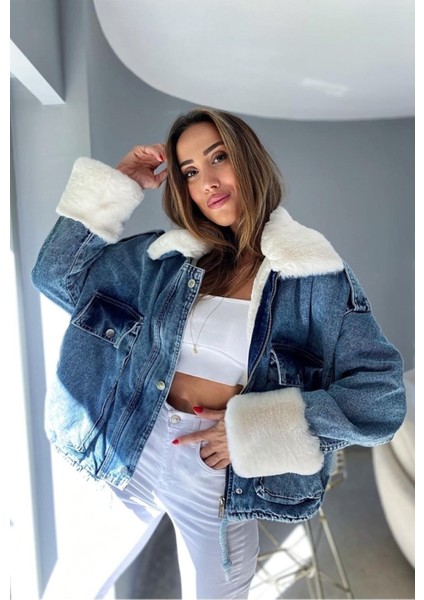 Kadın Beyaz Kürklü Denim Kadın Mont modelleri