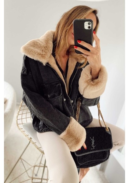 Kadın Camel Kürklü Denim Kadın Mont