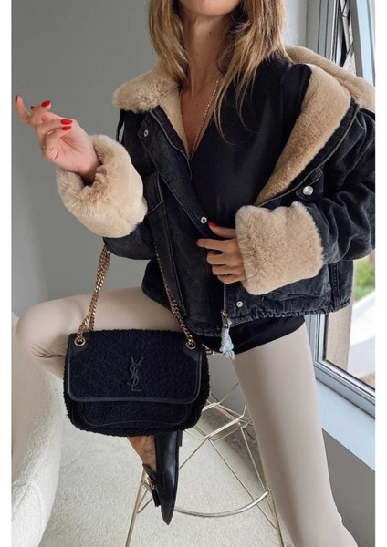 Kadın Camel Kürklü Denim Kadın Mont modelleri