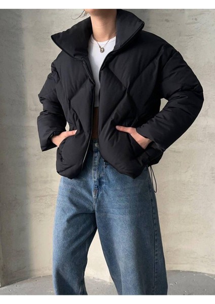 Kadın Siyah Şişme Mont – Standart Kalıp, Fermuarlı, Uzun Kollu, Sonbahar ve Kışa Uygun Günlük Dış Giyim