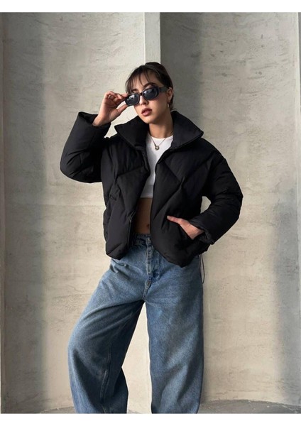 Kadın Siyah Şişme Mont – Standart Kalıp, Fermuarlı, Uzun Kollu, Sonbahar ve Kışa Uygun Günlük Dış Giyim fiyatları