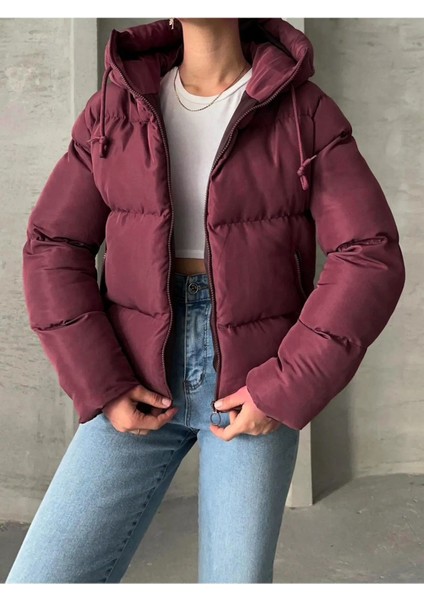 Kadın Bordo Kapüşonlu Mont