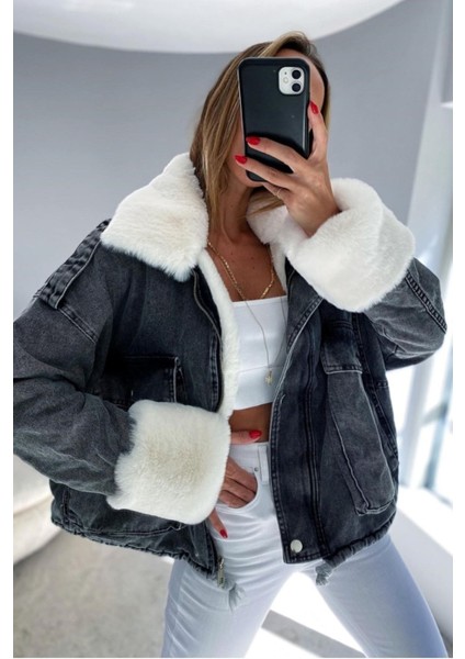 Kadın Beyaz Kürklü Denim Siyah Kot Mont fiyatları