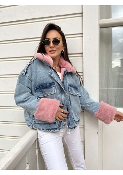 Kadın Pembe Kürklü Denim Kadın Mont modelleri