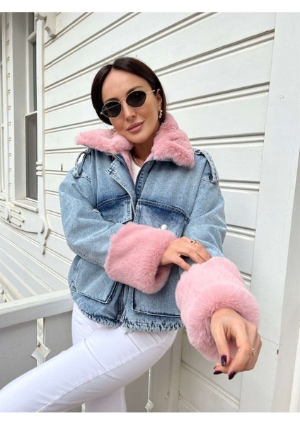 Kadın Pembe Kürklü Denim Kadın Mont fırsatları