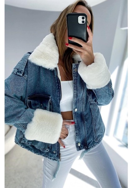 Kadın Kürklü Denim Kot Ceket Mont