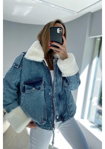 Kadın Kürklü Denim Kot Ceket Mont modelleri