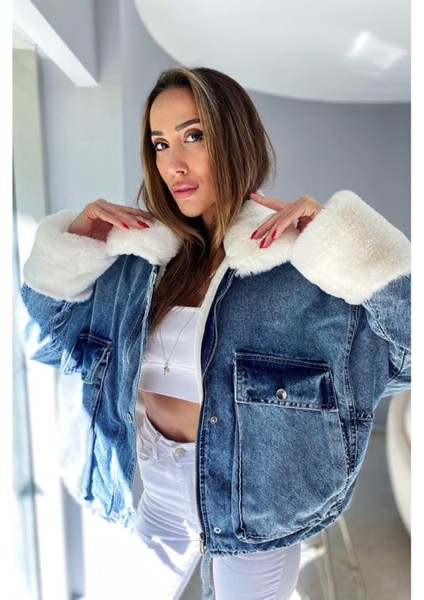 Kadın Kürklü Denim Kot Ceket Mont indirimleri
