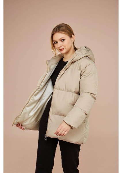 Kadın Krem Kapüşonlu Şişme Mont Uzun Kollu Günlük Kullanım indirimleri