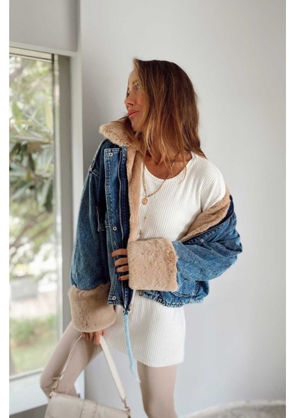 Kadın Camel Kürklü Denim Kadın Mont