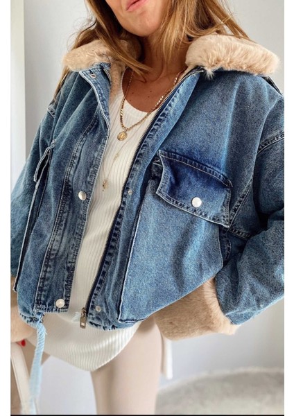 Kadın Camel Kürklü Denim Kadın Mont modelleri