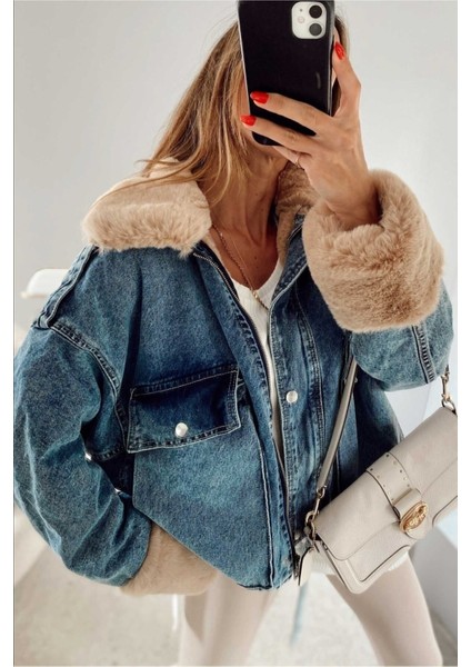 Kadın Camel Kürklü Denim Kadın Mont fırsatları