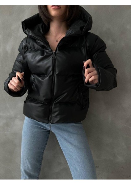 Kadın Siyah Deri Şişme Mont modelleri