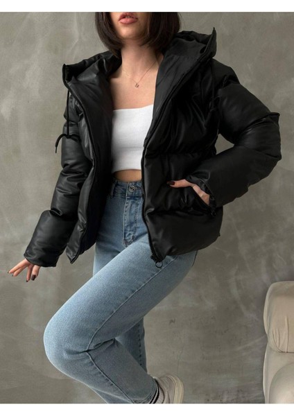 Kadın Siyah Deri Şişme Mont fırsatları