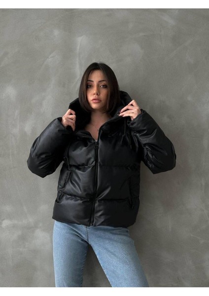 Kadın Siyah Deri Şişme Mont indirimleri