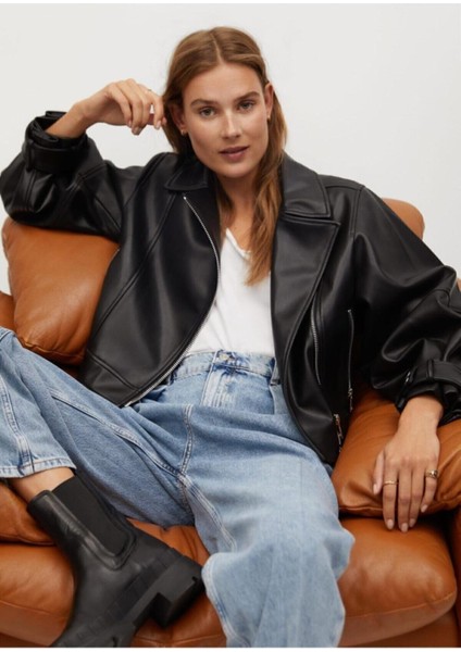 Kadın Siyah Oversize Deri Ceket
