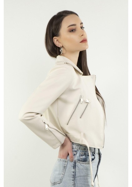 Metal Fermuarlı Kadın Beyaz Deri Ceket ( X-Bı )