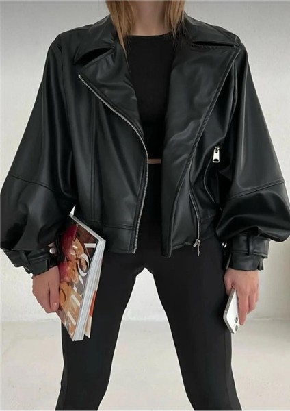 Balon Kol Siyah Deri Ceket