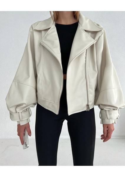 Kadın Krem Oversize Deri Ceket