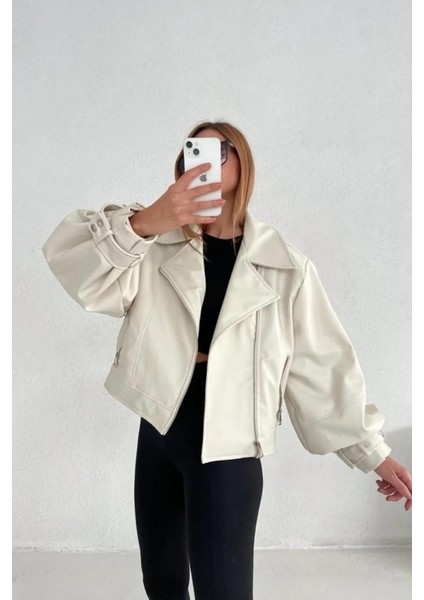 Kadın Krem Oversize Deri Ceket