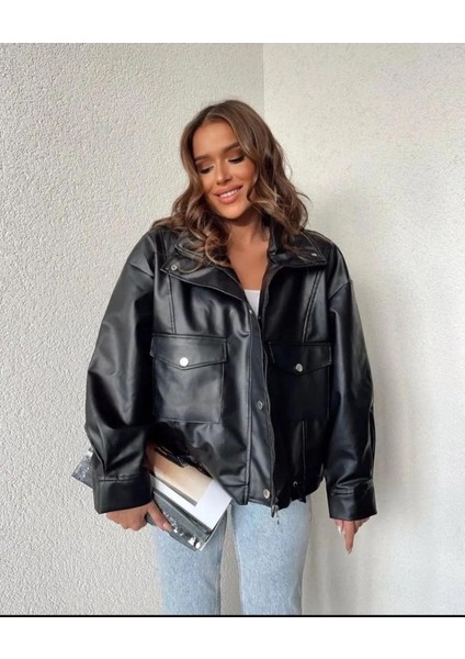 Kadın Çift Cep Yan Büzgülü Deri Ceket fiyatları