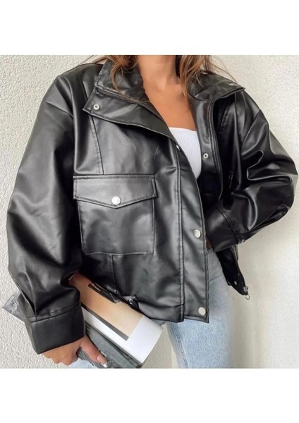 Kadın Çift Cep Yan Büzgülü Deri Ceket modelleri