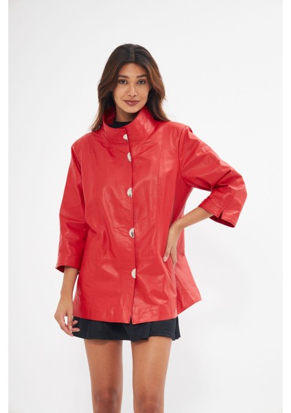 Kadın Hakiki Deri Ceket Kırmızı Renk Yarasa Kol Önleri Çıt Çıtlı