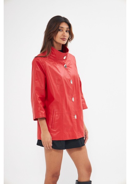 Kadın Hakiki Deri Ceket Kırmızı Renk Yarasa Kol Önleri Çıt Çıtlı fiyatları