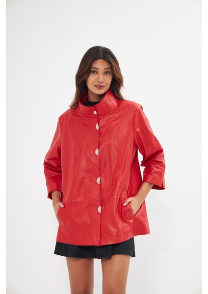 Kadın Hakiki Deri Ceket Kırmızı Renk Yarasa Kol Önleri Çıt Çıtlı modelleri